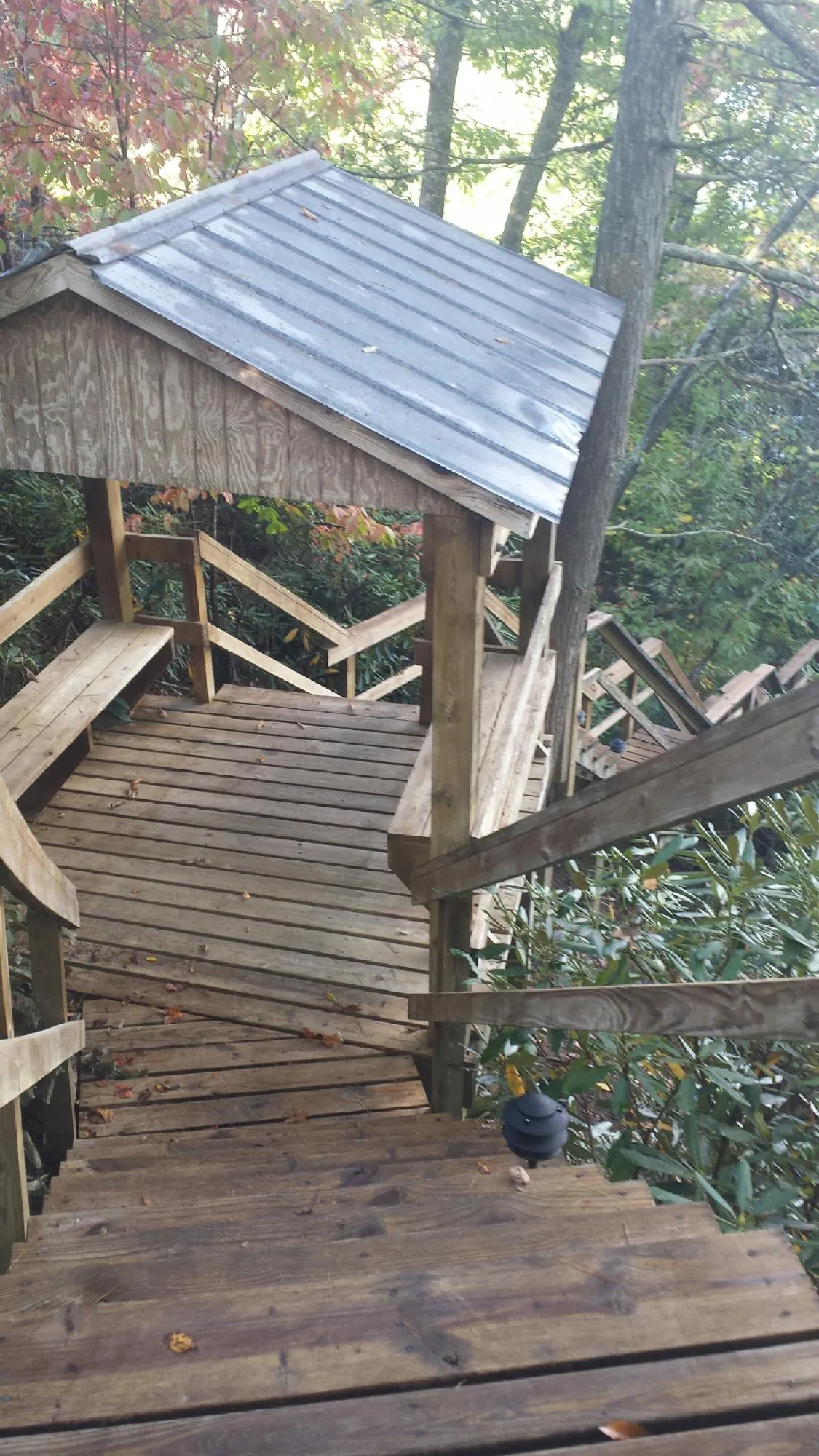 Metal roofed shelter over wooden steps on a wooded walkway — Skylight Repair & Installation work by our crew in Peshastin